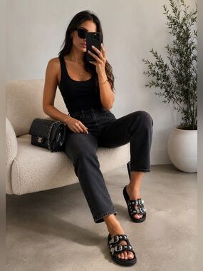 Black Double Buckle Studded Slide Sandals | Silver Hardware